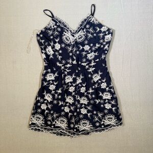 Altar'd State Romper Size  M Spaghetti Strap Blue White Embroidered Floral Print